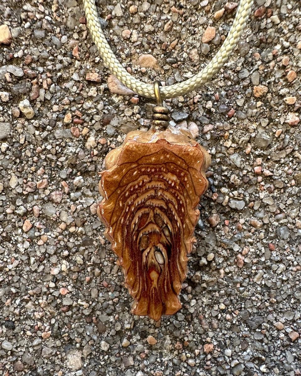 Close view of rust and tan scales in stacked arcs with pale flecks along the ridges under glossy resin