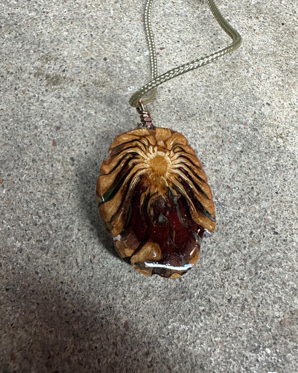Oval pine cone pendant on a pale braided cord against grey concrete, cream burst near the top with tan rays fanning down into dark red-brown under glossy resin