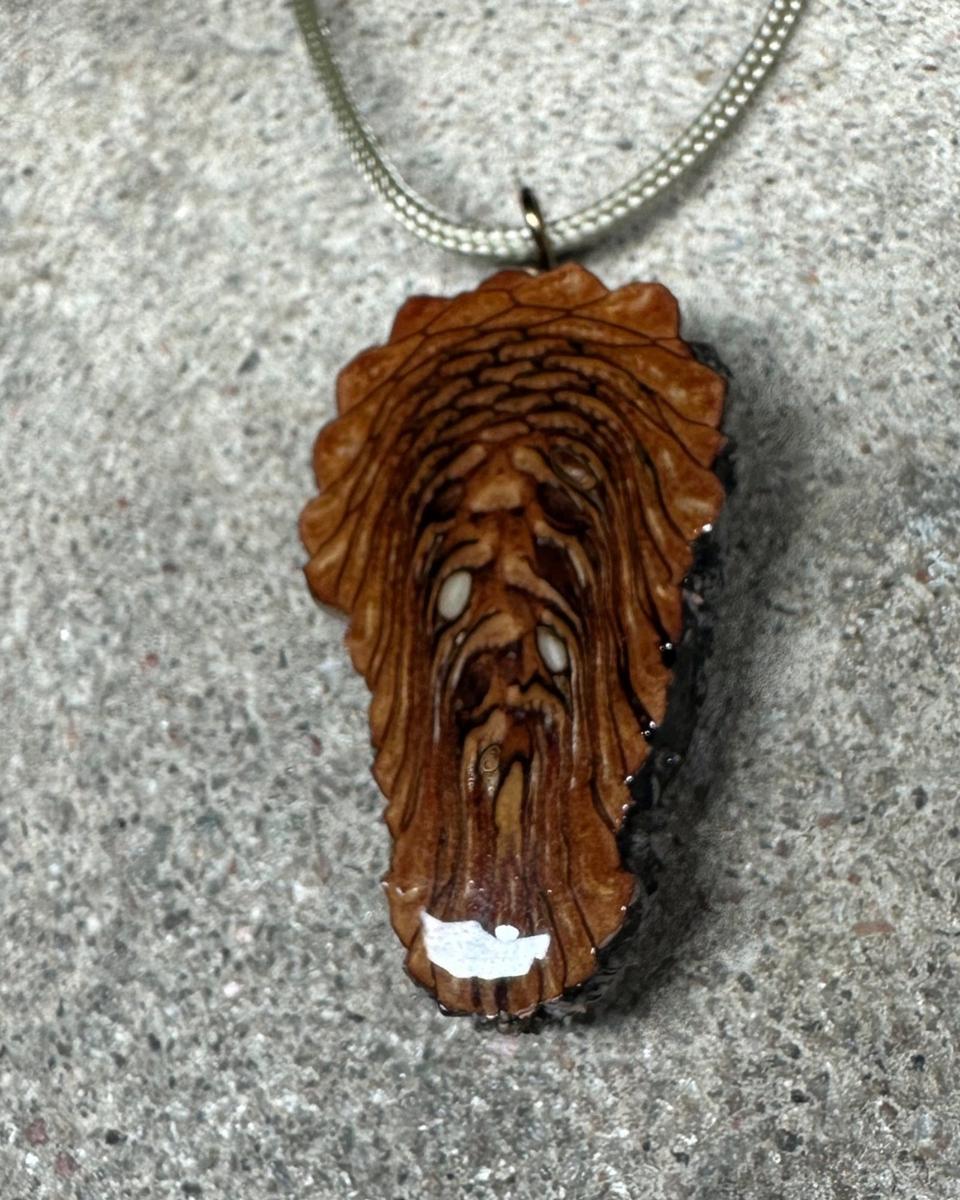 Close view of honey-brown scales stacked in ridges with dark lines between the rows under glossy resin