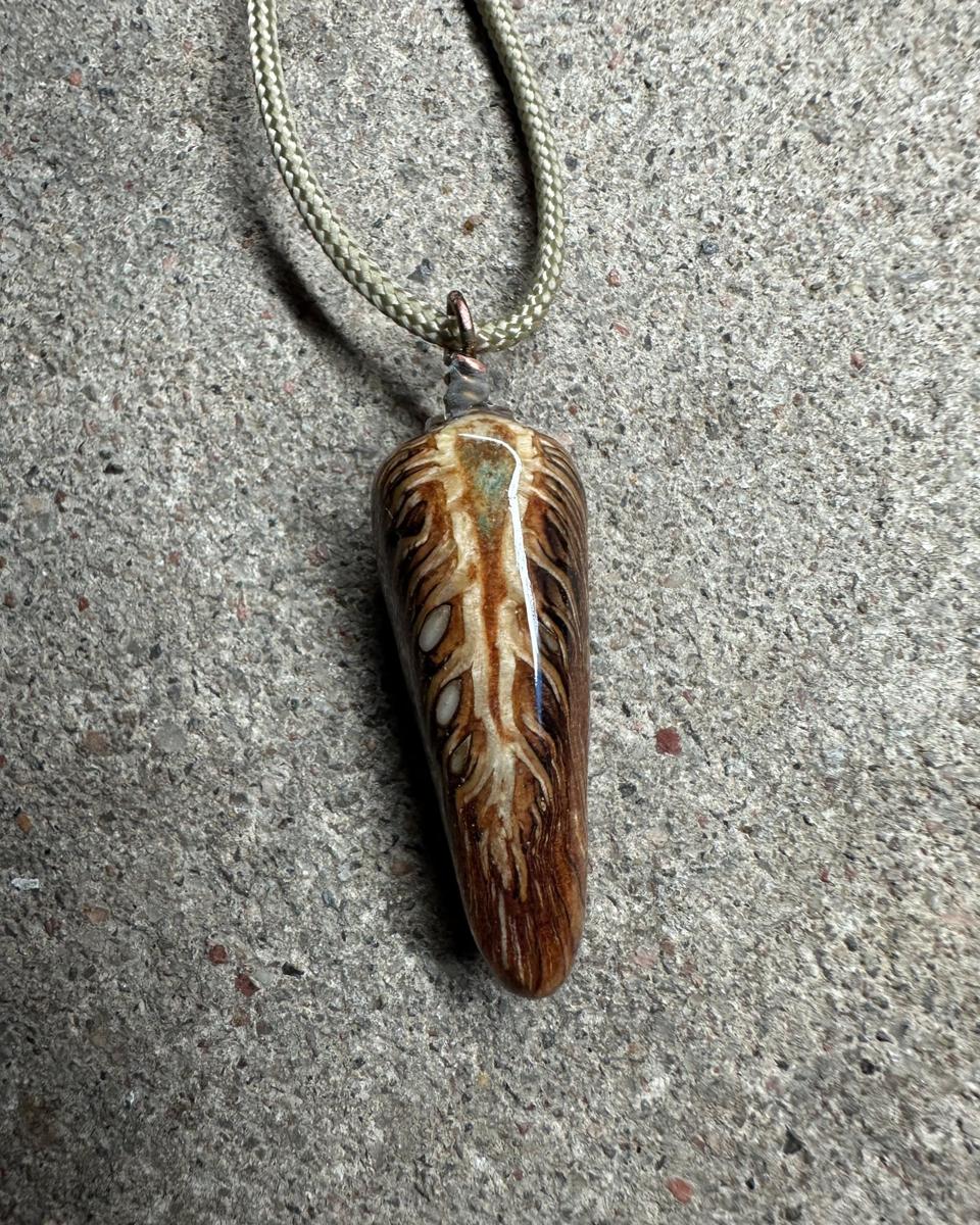 Long teardrop pine cone pendant hanging from a coiled copper loop on a pale braided cord against grey concrete, pale cream shaft down the middle with fine barbs fanning to both sides over dark brown, rust grain at the tip