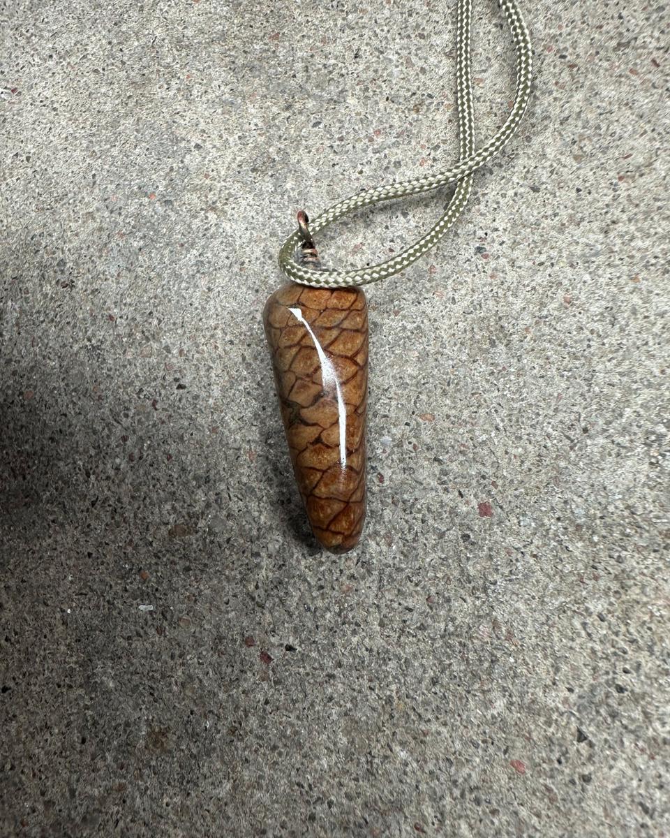The other face of the pendant on its pale cord, tan scales in overlapping rows with dark brown lines between them under glossy resin