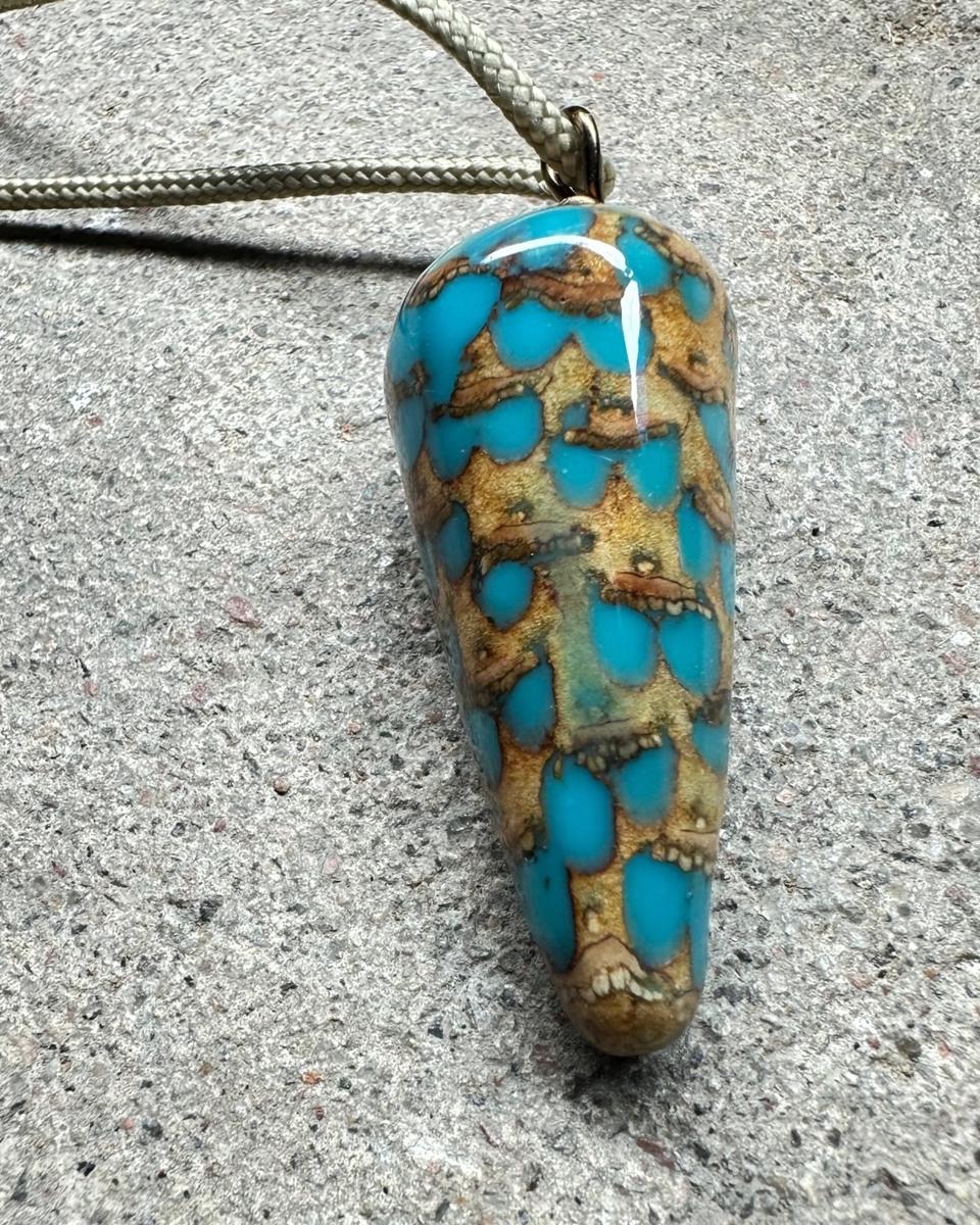 Close view of the lower scales and pale seed ends with turquoise pooling beneath them